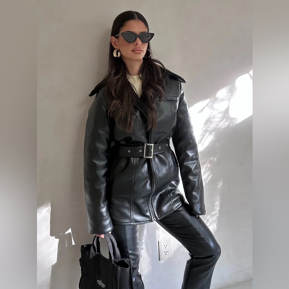 VEILED -Reversible Vegan Leather Sherpa Aviator Coat - Black